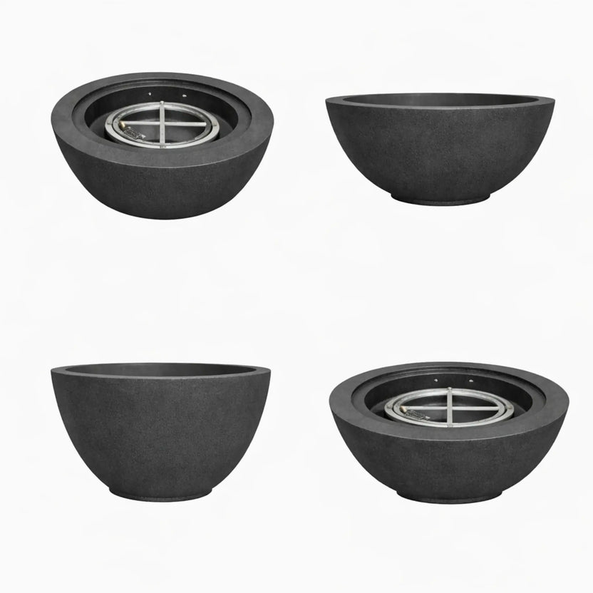 Multiple angle views of the Flame Havens 24 inch round fire bowl in black finish with flame, showing front, side, and top perspectives for outdoor fire pit installations.