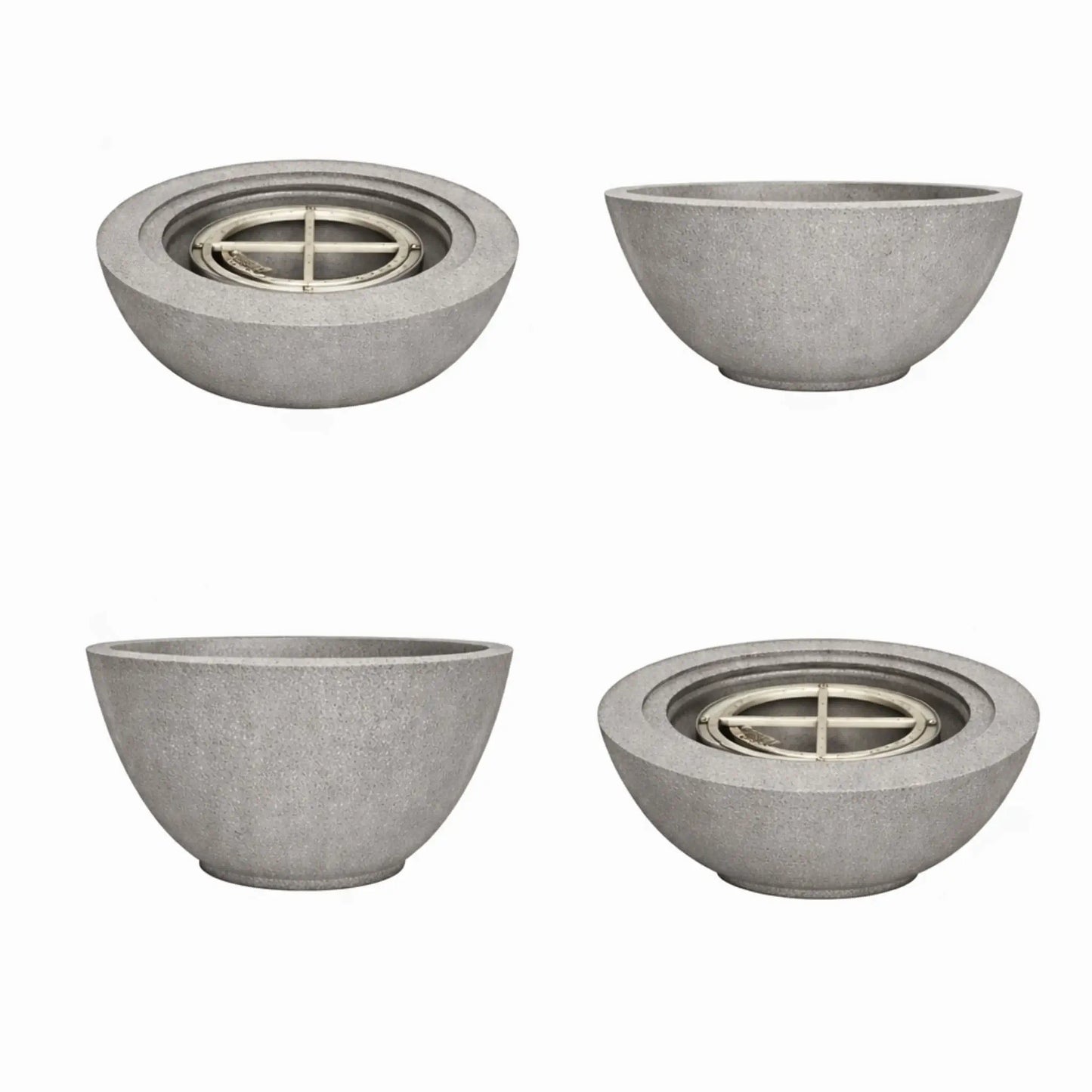 Product image set of the Flame Havens 24 inch round fire bowl in gray concrete with active flame, highlighting the bowl’s modern form and burner placement.