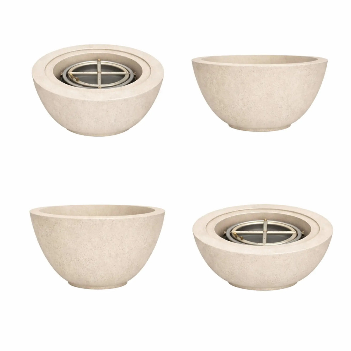 White Flame Havens 24 inch round fire bowl shown with flame from multiple angles, ideal for upscale outdoor living and landscape fire feature designs.