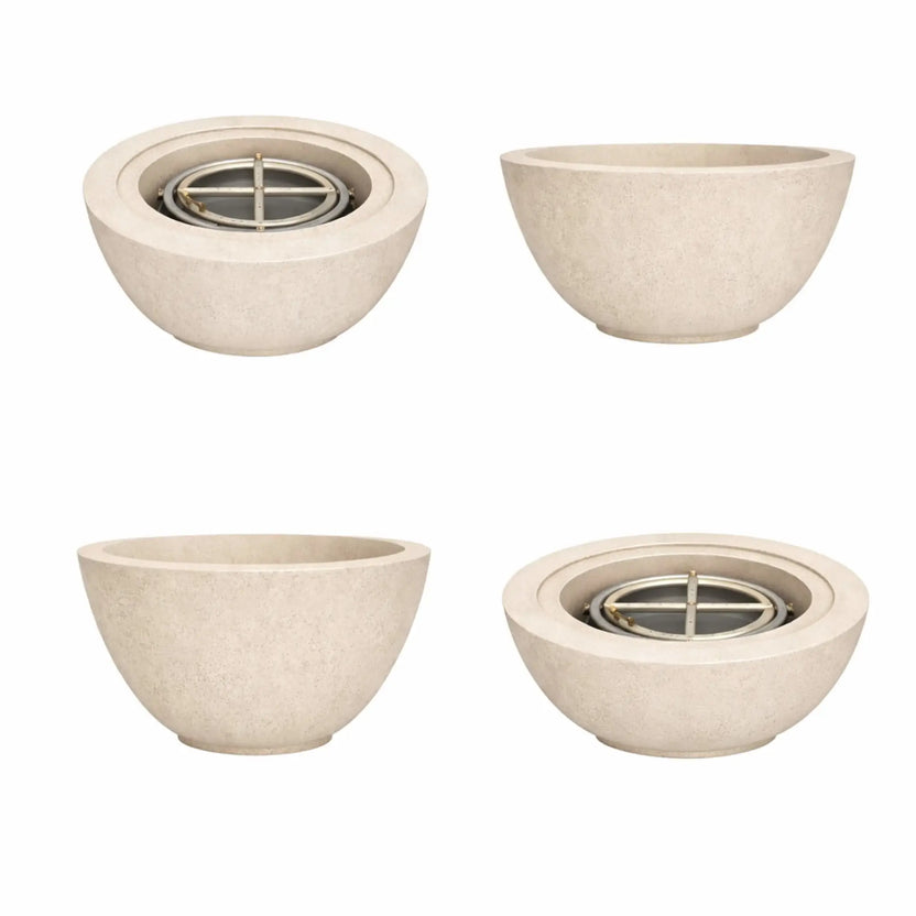 White Flame Havens 24 inch round fire bowl shown with flame from multiple angles, ideal for upscale outdoor living and landscape fire feature designs.