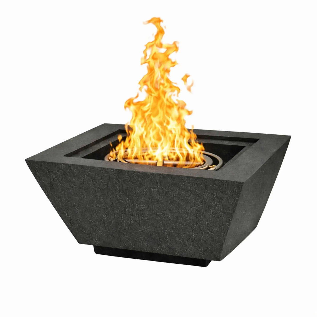 24 inch square angular fire bowl in black GFRC concrete with active flame, featuring a bold geometric design and modern fire burner, ideal for contemporary outdoor living spaces.