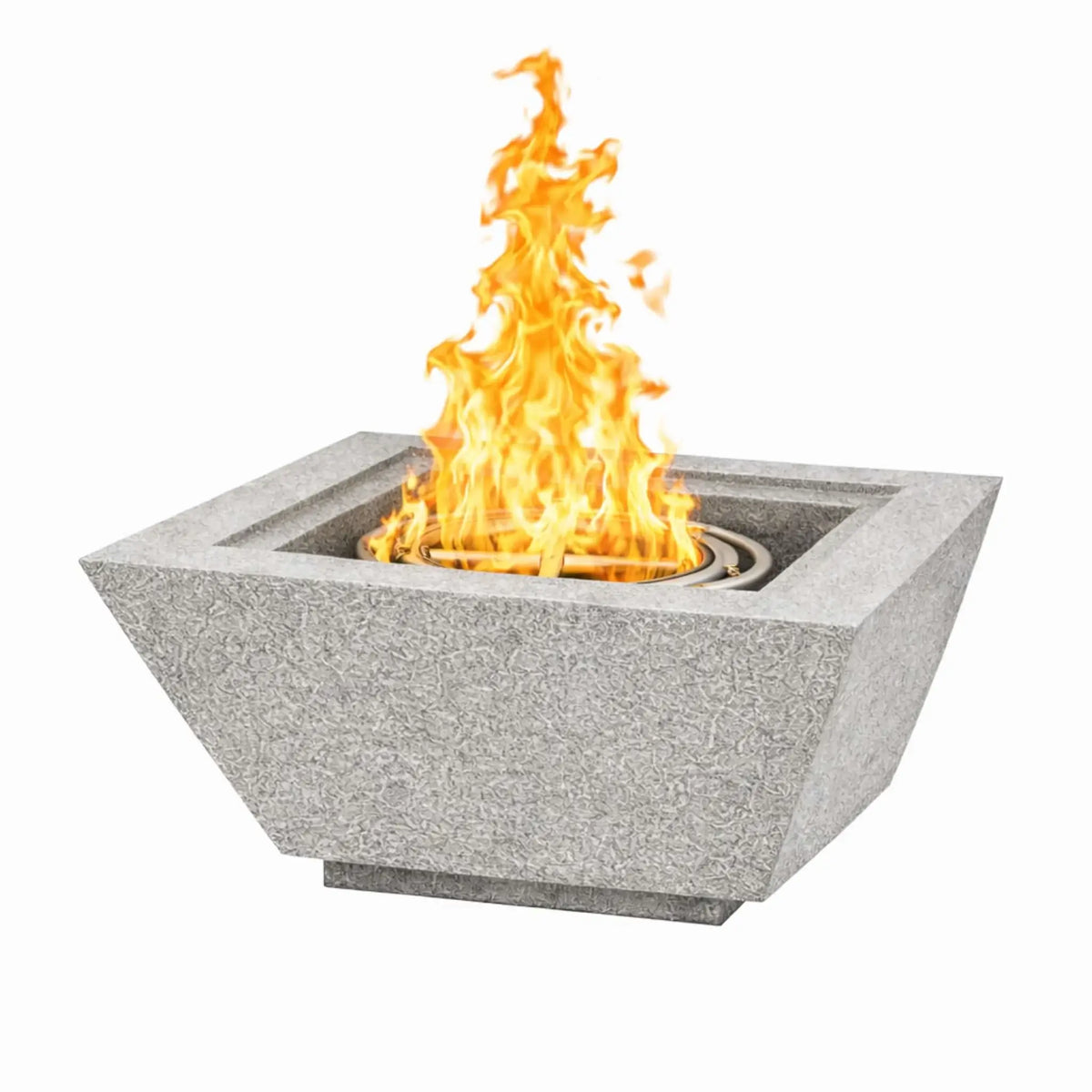 Gray GFRC concrete 24 inch square angular fire bowl with vibrant flame, showcasing a clean modern profile and durable construction for custom outdoor fire pit designs.
