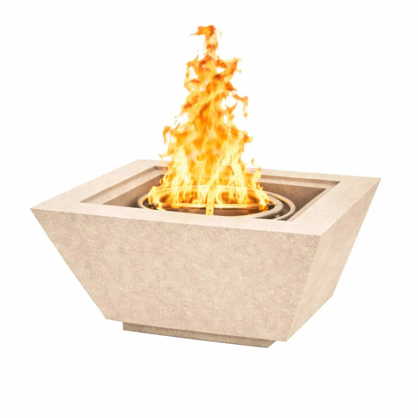 White GFRC concrete square angular fire bowl with tall flame, highlighting a refined modern aesthetic perfect for luxury patios, poolsides, and outdoor entertaining areas.