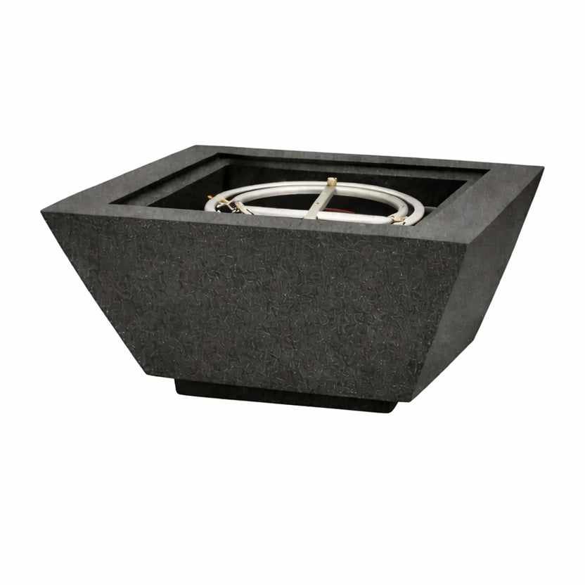 Black 24 inch square angular fire bowl shown without flame, displaying the sculpted GFRC concrete form, recessed burner pan, and sharp architectural lines.