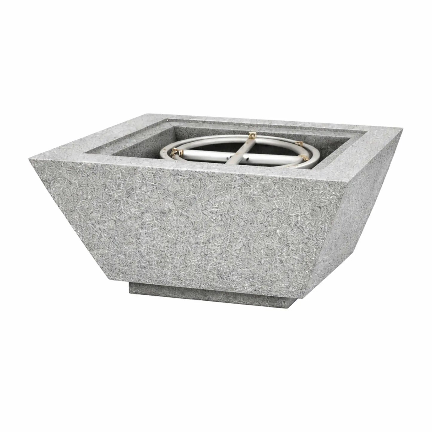 Gray square angular fire bowl without flame, highlighting the textured GFRC concrete finish and modern tapered design for custom fire pit installations.