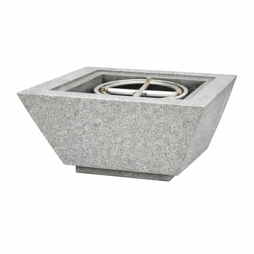 Gray square angular fire bowl without flame, highlighting the textured GFRC concrete finish and modern tapered design for custom fire pit installations.