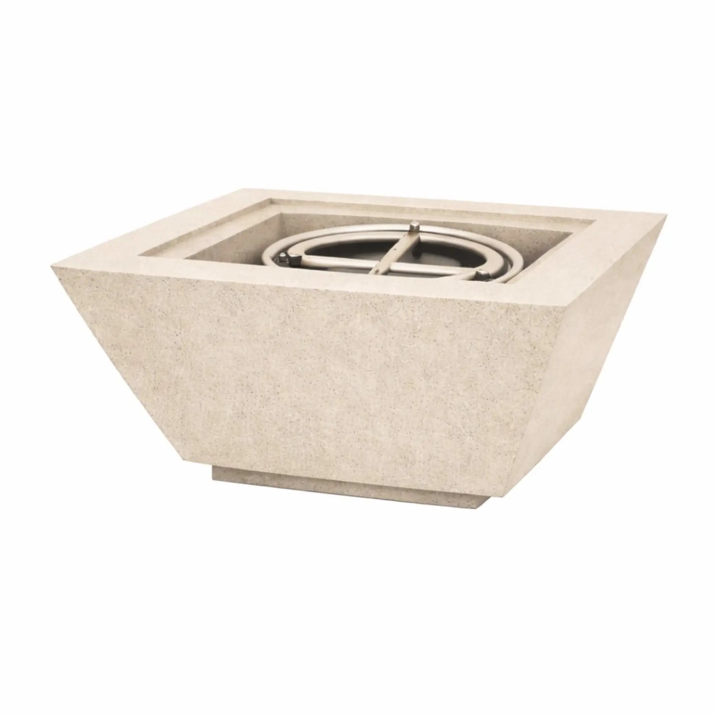 White 24 inch square angular fire bowl without flame, emphasizing the clean geometry, smooth GFRC concrete surface, and integrated burner system.