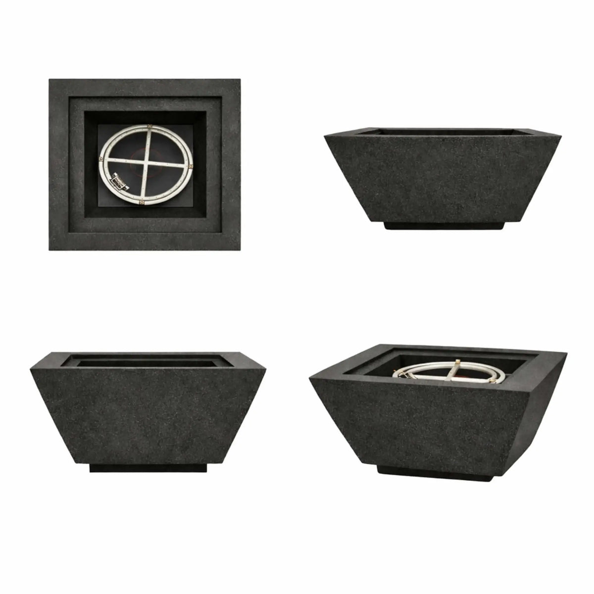 Multiple views of the black 24 inch square angular fire bowl, showing top, side, and perspective angles to highlight the GFRC concrete construction and modern fire bowl design.