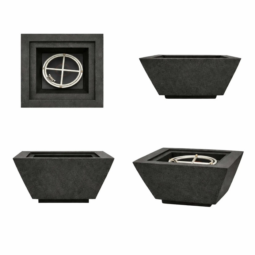 Multiple views of the black 24 inch square angular fire bowl, showing top, side, and perspective angles to highlight the GFRC concrete construction and modern fire bowl design.