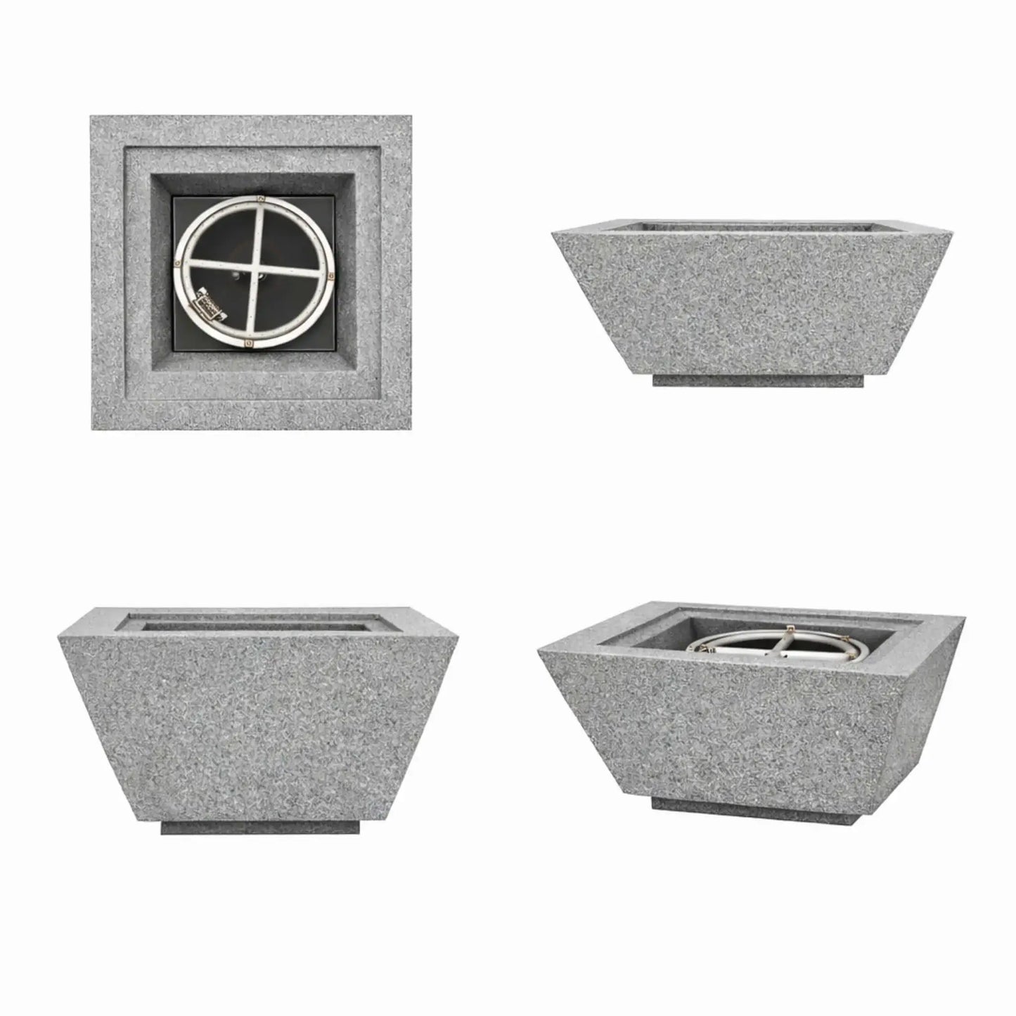 Collection image of gray 24 inch square angular fire bowls from multiple angles, illustrating the burner layout, sloped walls, and contemporary outdoor fire feature styling.