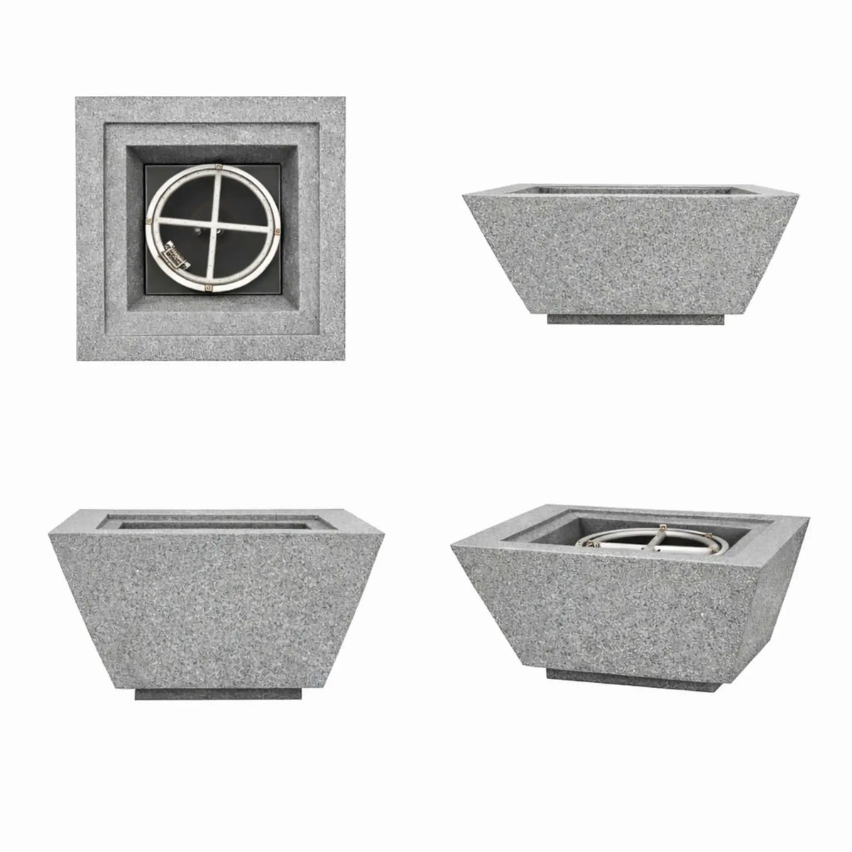 Collection image of gray 24 inch square angular fire bowls from multiple angles, illustrating the burner layout, sloped walls, and contemporary outdoor fire feature styling.