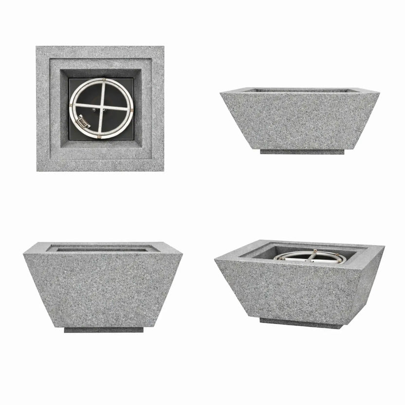 Collection image of gray 24 inch square angular fire bowls from multiple angles, illustrating the burner layout, sloped walls, and contemporary outdoor fire feature styling.
