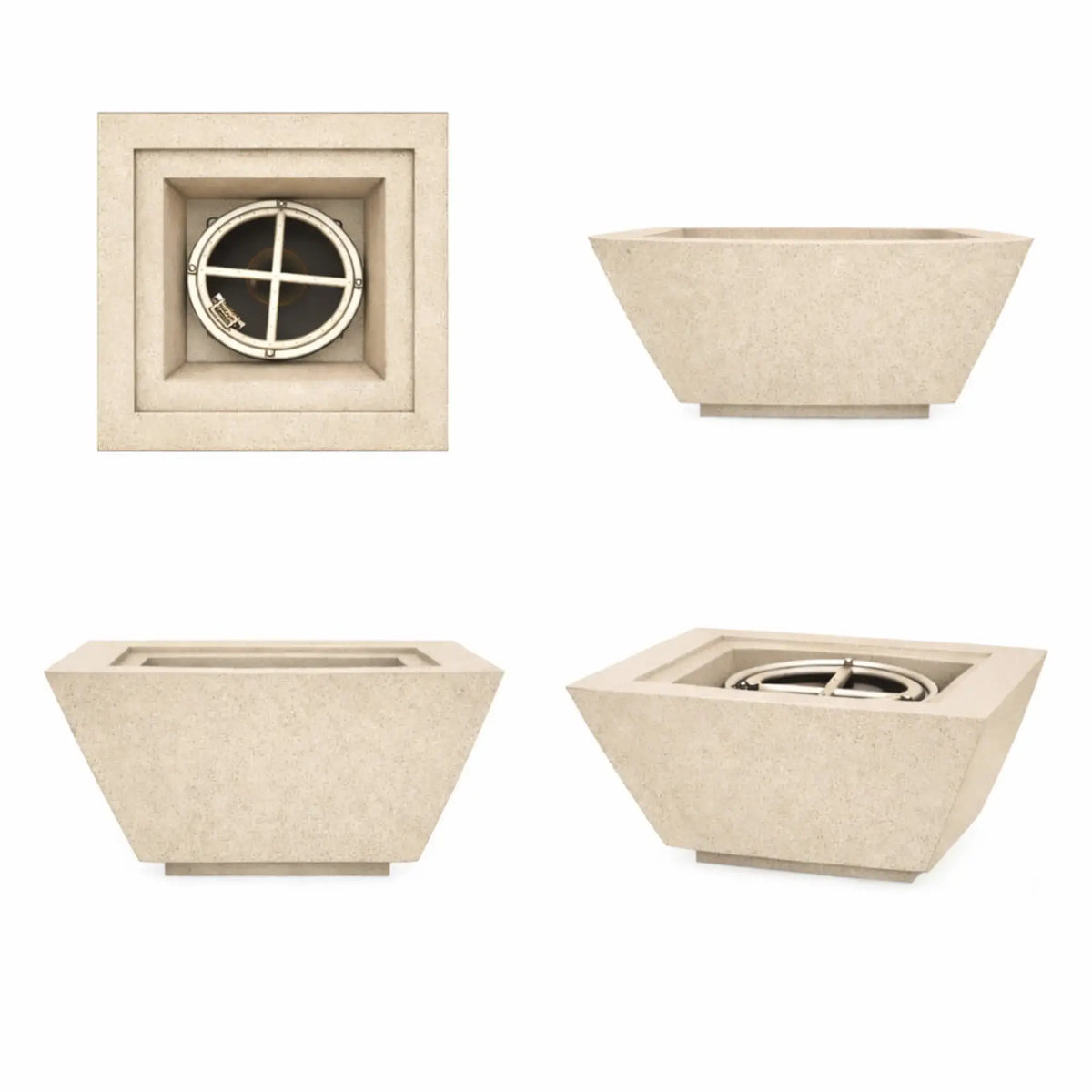 Multi-angle views of the white 24 inch square angular fire bowl, showcasing its architectural shape, GFRC concrete finish, and premium custom fire pit craftsmanship.