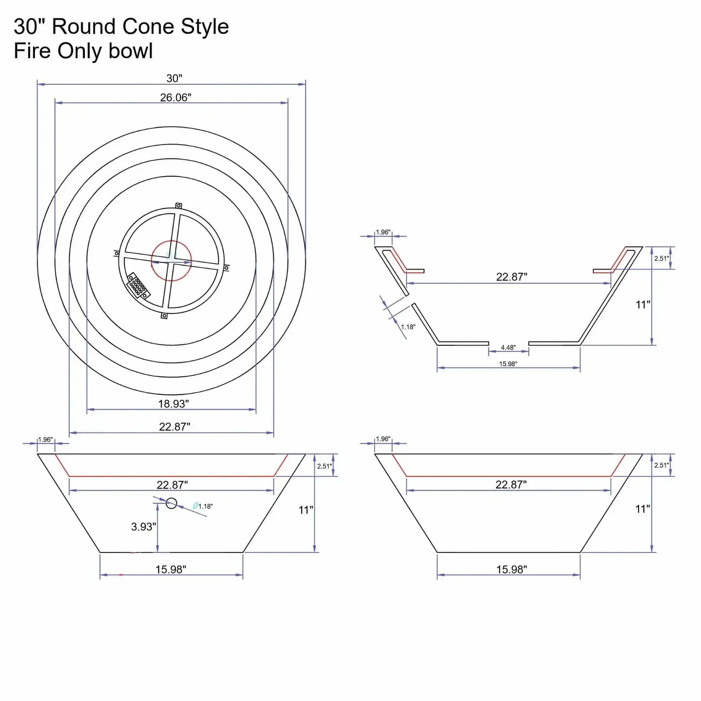 Dimensioned technical drawing of the Flame Havens 30 inch round cone style fire only bowl, showing top and side views with detailed measurements for proper layout, planning, and installation of a modern outdoor fire feature.