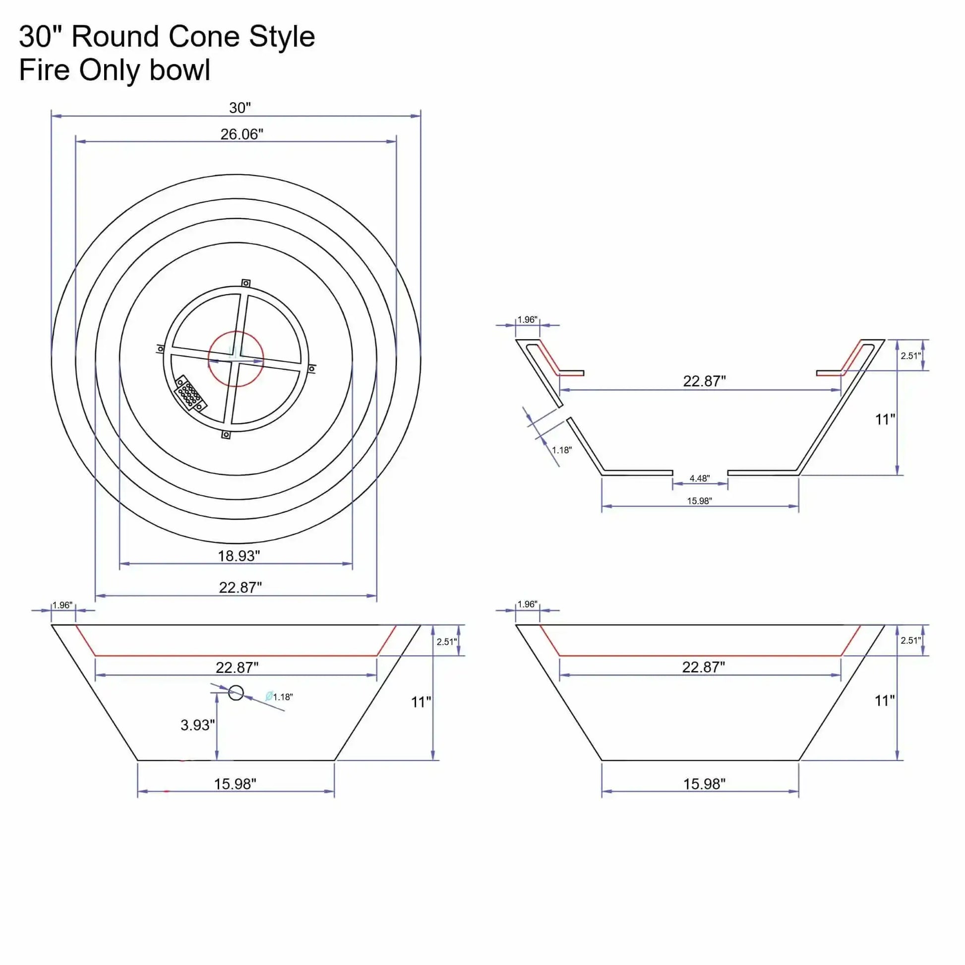 Dimensioned technical drawing of the Flame Havens 30 inch round cone style fire only bowl, showing top and side views with detailed measurements for proper layout, planning, and installation of a modern outdoor fire feature.