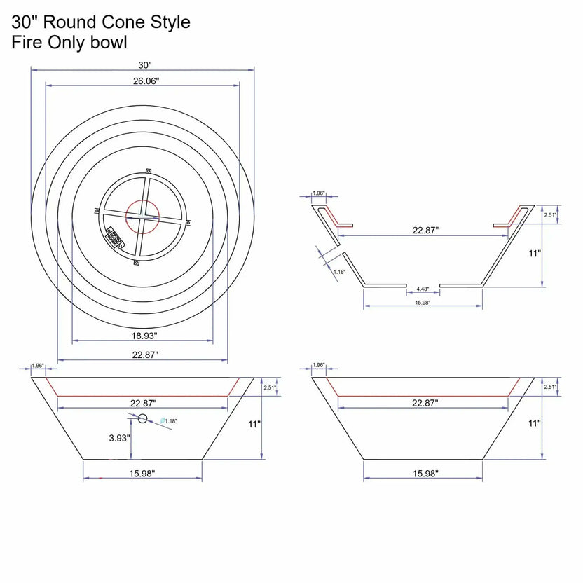 Dimensioned technical drawing of the Flame Havens 30 inch round cone style fire only bowl, showing top and side views with detailed measurements for proper layout, planning, and installation of a modern outdoor fire feature.