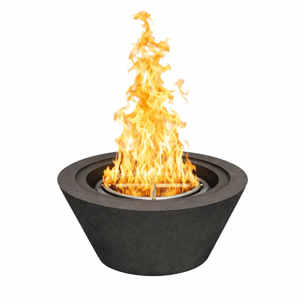 Flame Havens 30 inch round cone fire bowl in a black GFRC concrete finish, shown with a tall natural gas flame rising from the stainless steel burner, highlighting the bold tapered design for upscale outdoor living spaces.