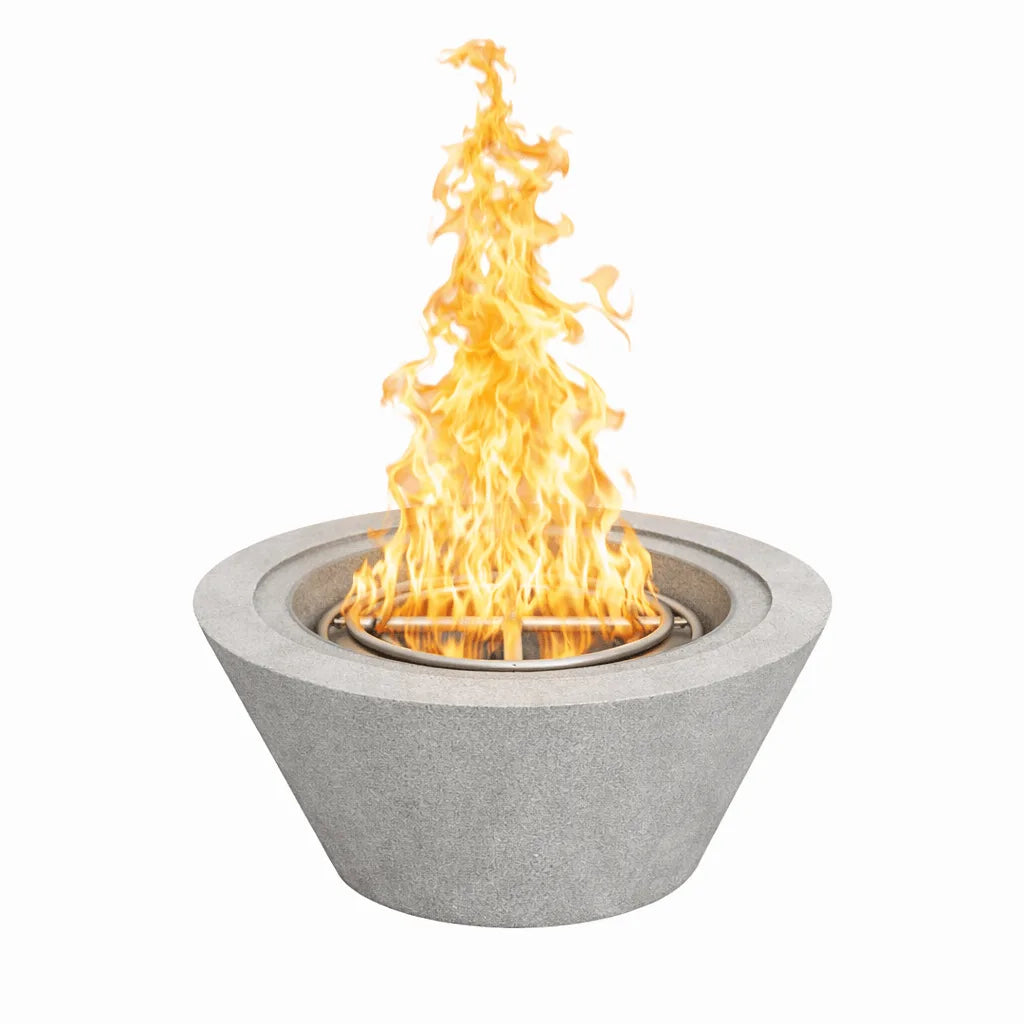 Flame Havens 30 inch round cone fire bowl finished in gray GFRC concrete, featuring an active flame and integrated stainless steel burner, designed for contemporary patios and modern outdoor fire pit installations.