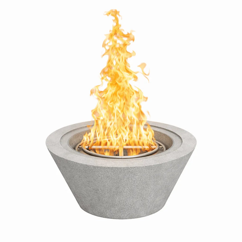 Flame Havens 30 inch round cone fire bowl finished in gray GFRC concrete, featuring an active flame and integrated stainless steel burner, designed for contemporary patios and modern outdoor fire pit installations.
