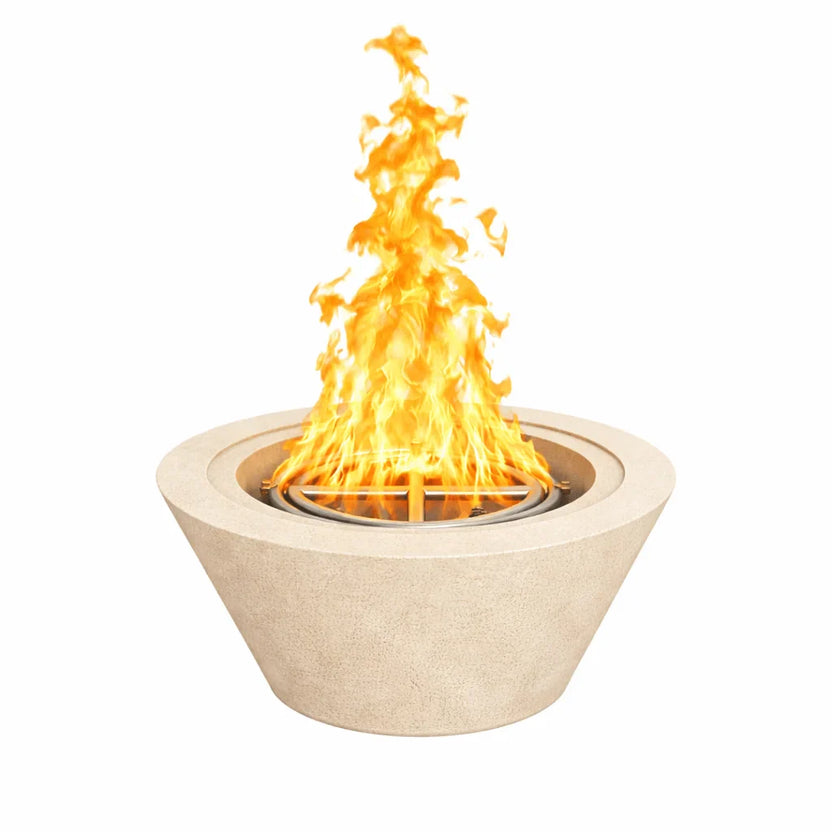 Flame Havens 30 inch round cone fire bowl in a white concrete finish, displayed with a vibrant flame to showcase the clean sculpted profile and premium burner used in modern outdoor fire features.