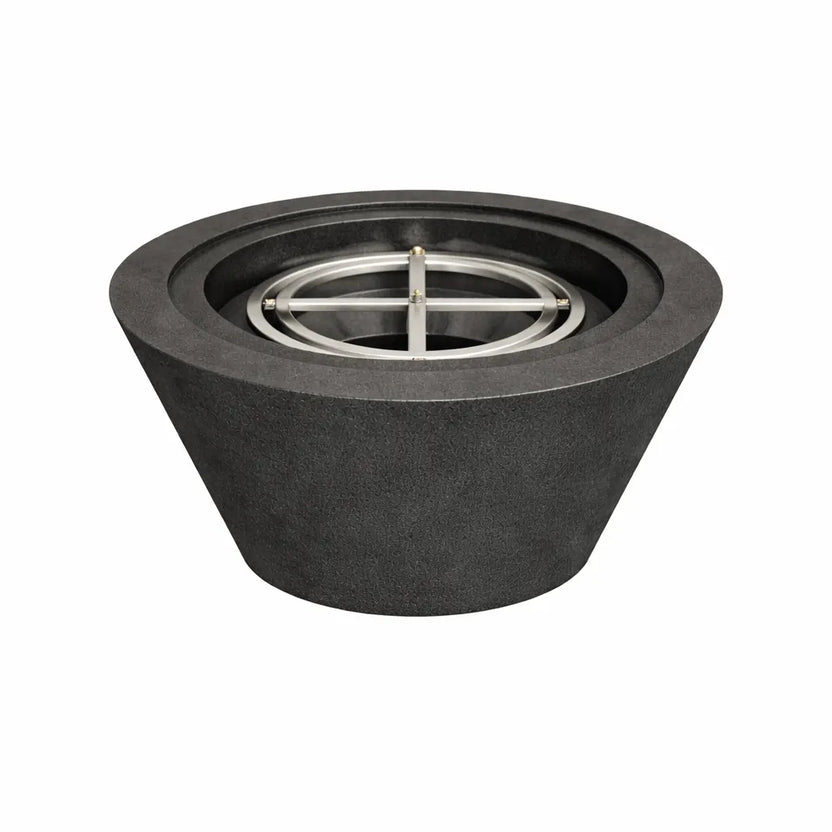 Flame Havens 30 inch round cone fire bowl in black GFRC concrete shown without flame, highlighting the smooth tapered shape and recessed stainless steel burner for modern fire pit designs.