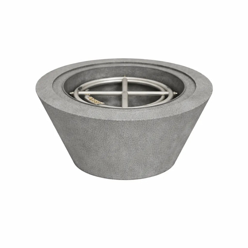 Flame Havens 30 inch round cone fire bowl in gray concrete shown without flame, emphasizing the minimalist cone form and built-in stainless steel burner assembly.