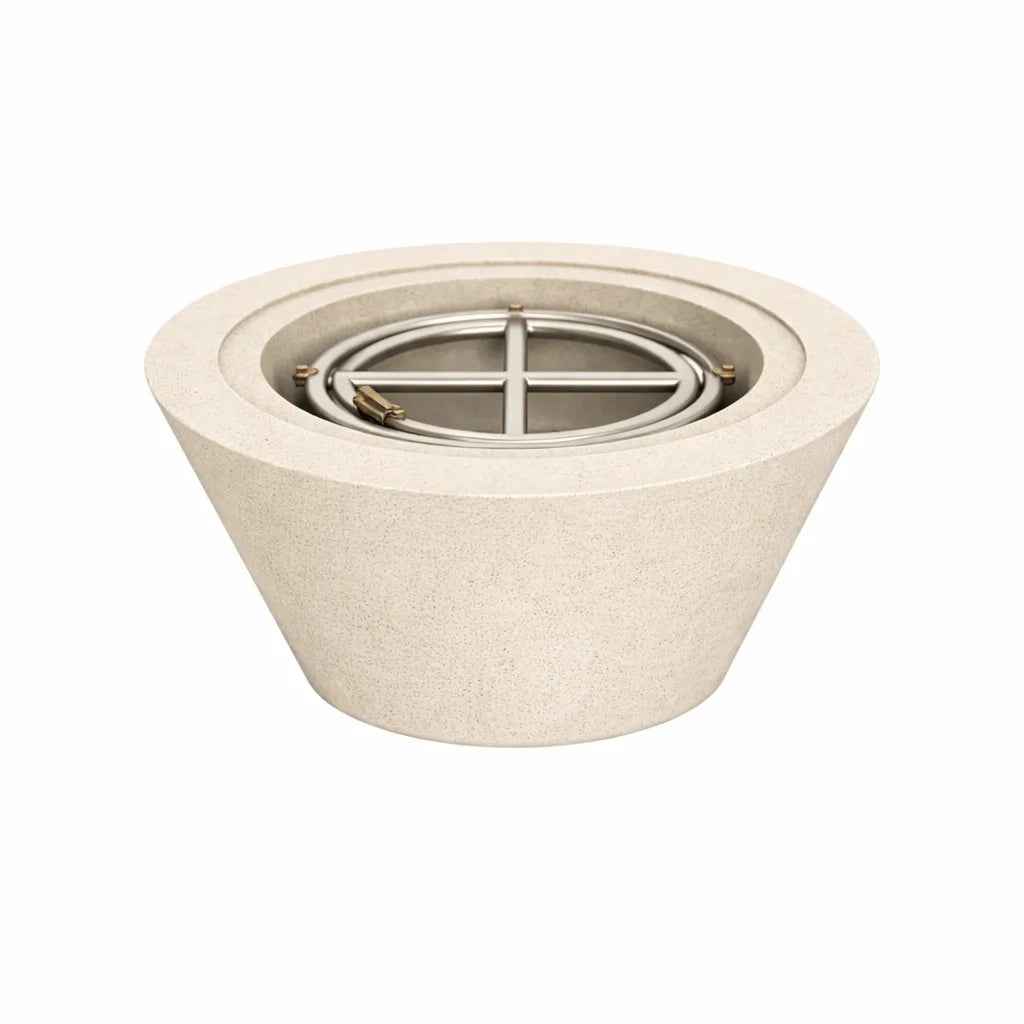 Flame Havens 30 inch round cone fire bowl in a white GFRC concrete finish shown without flame, focusing on the clean architectural profile and integrated burner for contemporary outdoor settings.