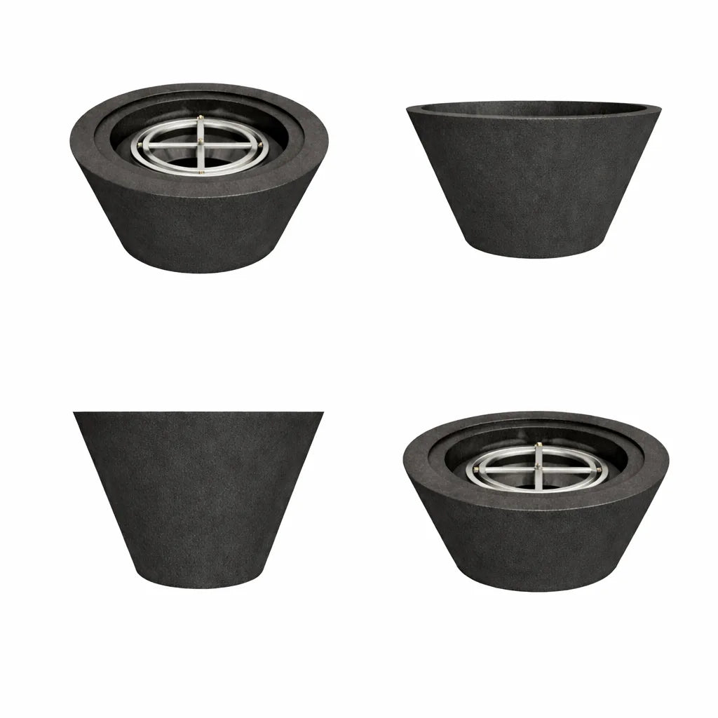 Multiple view layout of the Flame Havens 30 inch round cone fire bowl in black concrete, shown from different angles with an active flame to display the full design and burner placement.