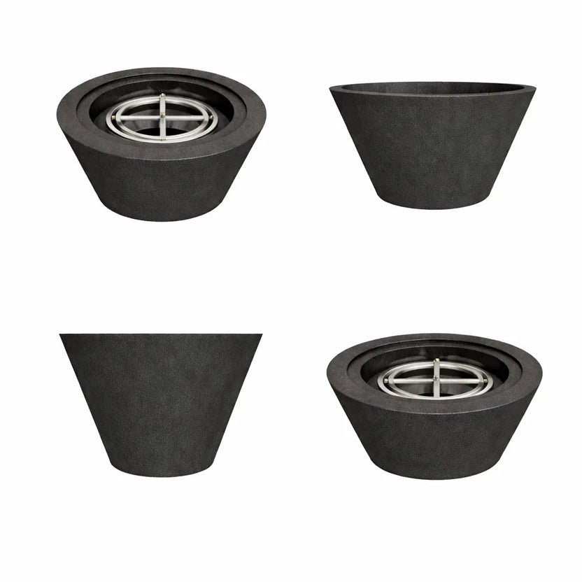 Multiple view layout of the Flame Havens 30 inch round cone fire bowl in black concrete, shown from different angles with an active flame to display the full design and burner placement.