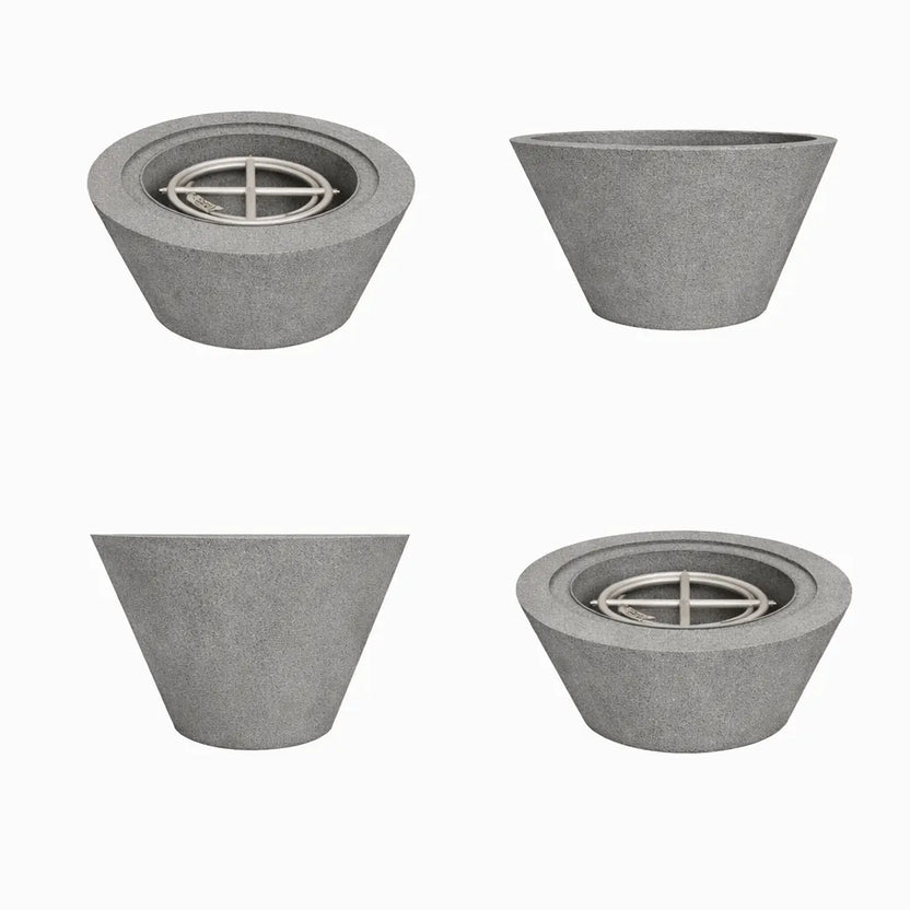 Multi-angle product views of the Flame Havens 30 inch round cone fire bowl in gray concrete, featuring an active flame and stainless steel burner for modern outdoor fire pit applications.