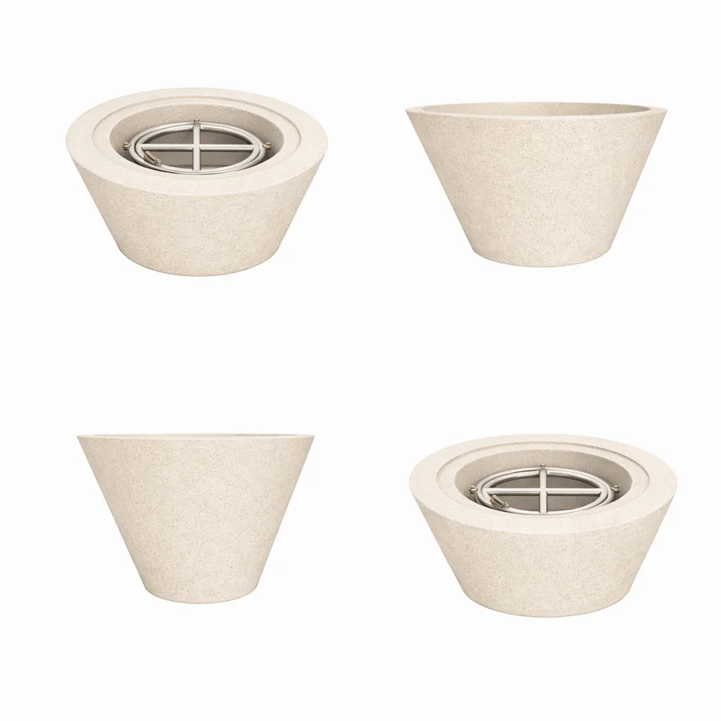 Multi-angle presentation of the Flame Havens 30 inch round cone fire bowl in white concrete, shown with flame to highlight the sculpted cone design and premium burner system.