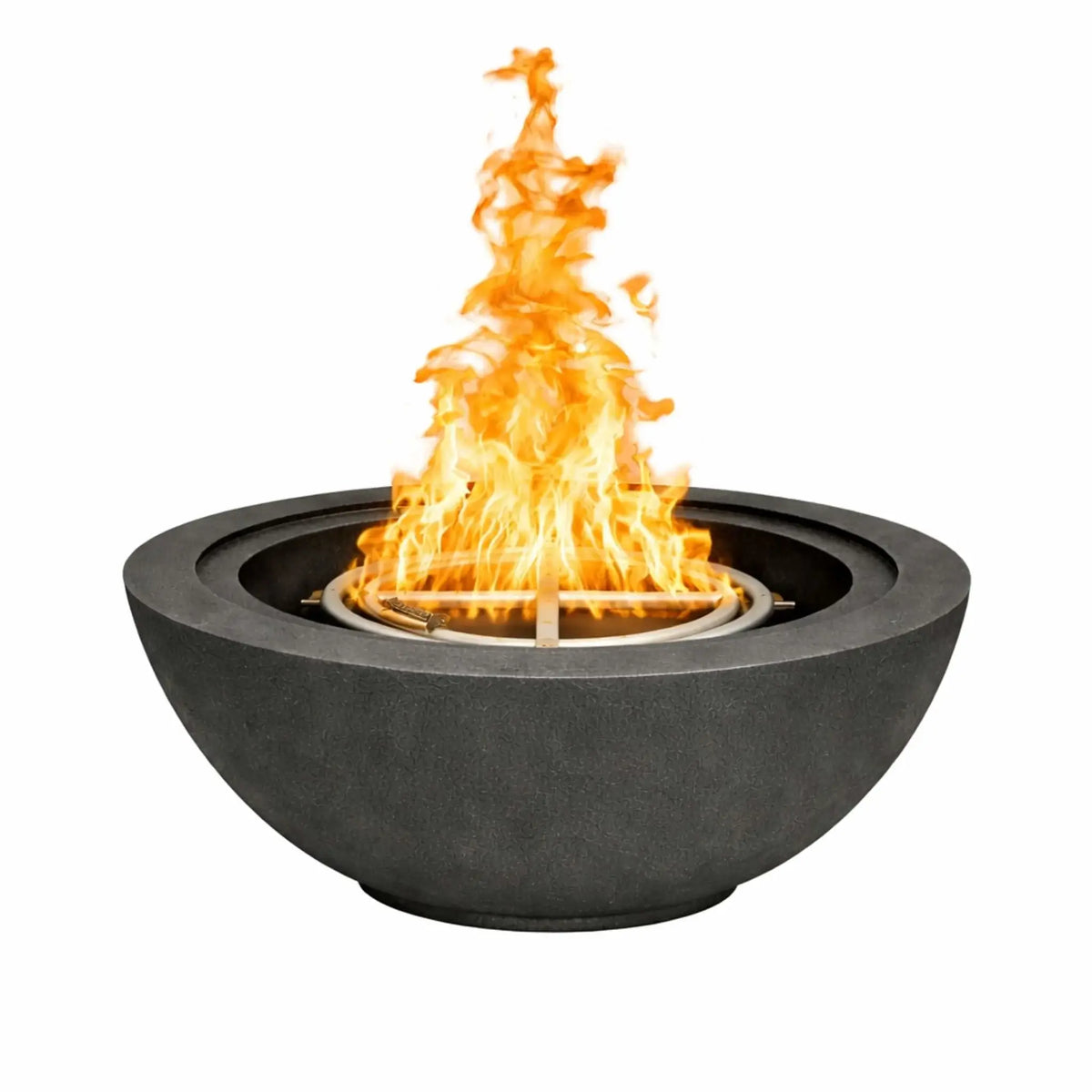 Flame-Havens-30-Round-Fire-Bowl-Flame-Black.webp – Matte black 30 inch round concrete fire bowl from Flame Havens with a tall natural gas flame, featuring a modern outdoor fire pit design.