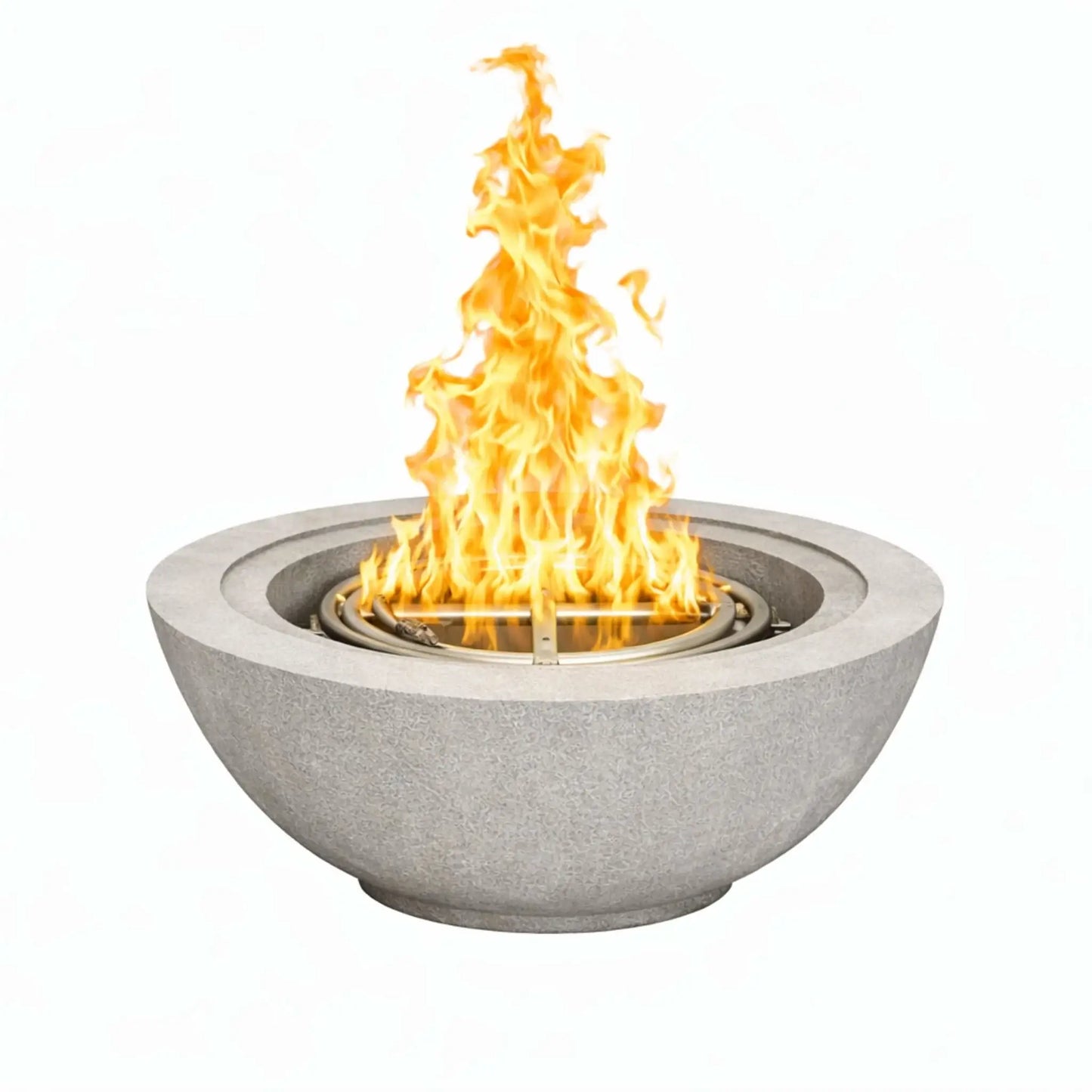 Flame-Havens-30-Round-Fire-Bowl-Flame-Gray.webp – Light gray 30 inch round fire bowl by Flame Havens showcasing an active flame and smooth concrete finish for contemporary outdoor living spaces.