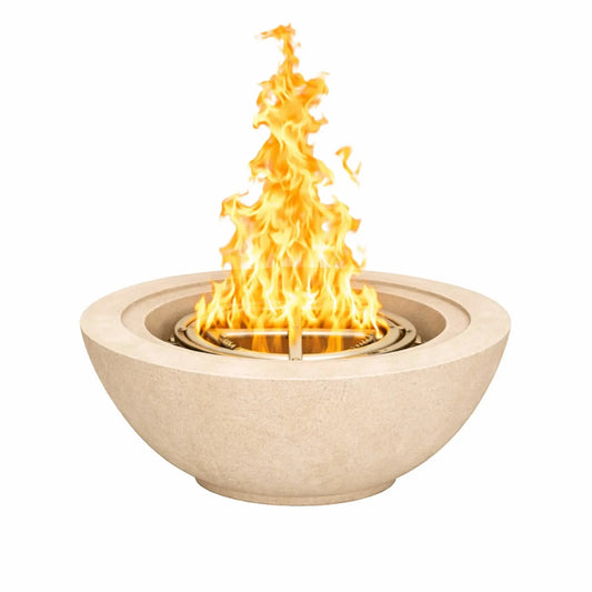 Flame-Havens-30-Round-Fire-Bowl-Flame-White.webp – White 30 inch round outdoor fire bowl with an elevated flame, highlighting the clean, modern design and fire feature by Flame Havens.
