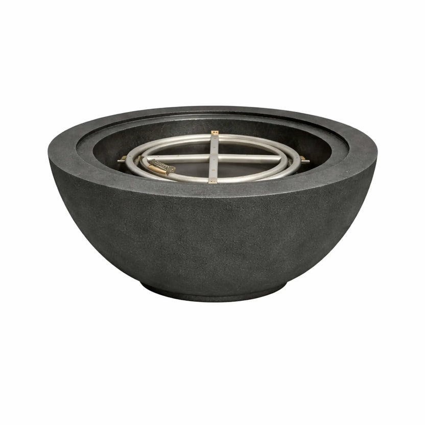 Flame-Havens-30-Round-Fire-Bowl-No-Flame-Black.webp – Black 30 inch round concrete fire bowl without flame, showing the stainless steel burner ring and minimalist outdoor fire pit construction.