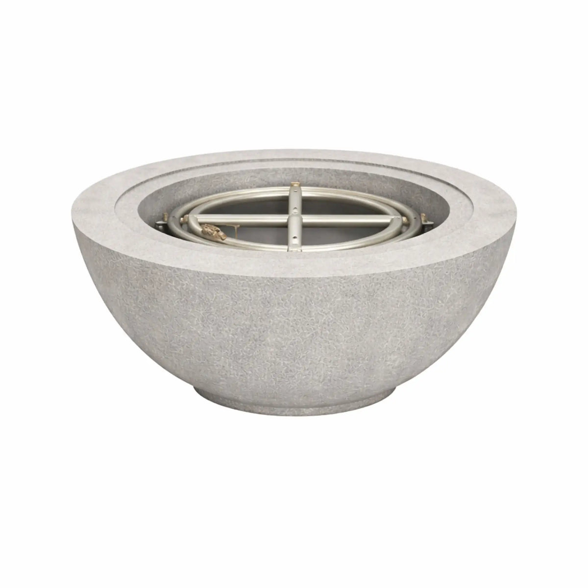 Flame-Havens-30-Round-Fire-Bowl-No-Flame-Gray.webp – Gray 30 inch round fire bowl with no flame, displaying the integrated burner system and smooth concrete basin from Flame Havens.