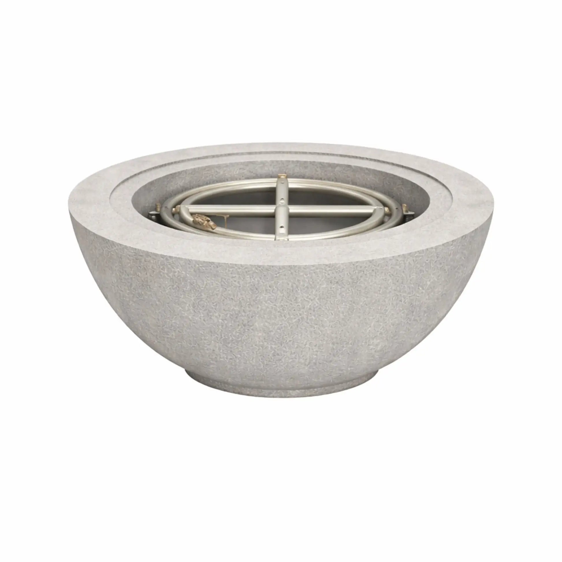 Flame-Havens-30-Round-Fire-Bowl-No-Flame-Gray.webp – Gray 30 inch round fire bowl with no flame, displaying the integrated burner system and smooth concrete basin from Flame Havens.