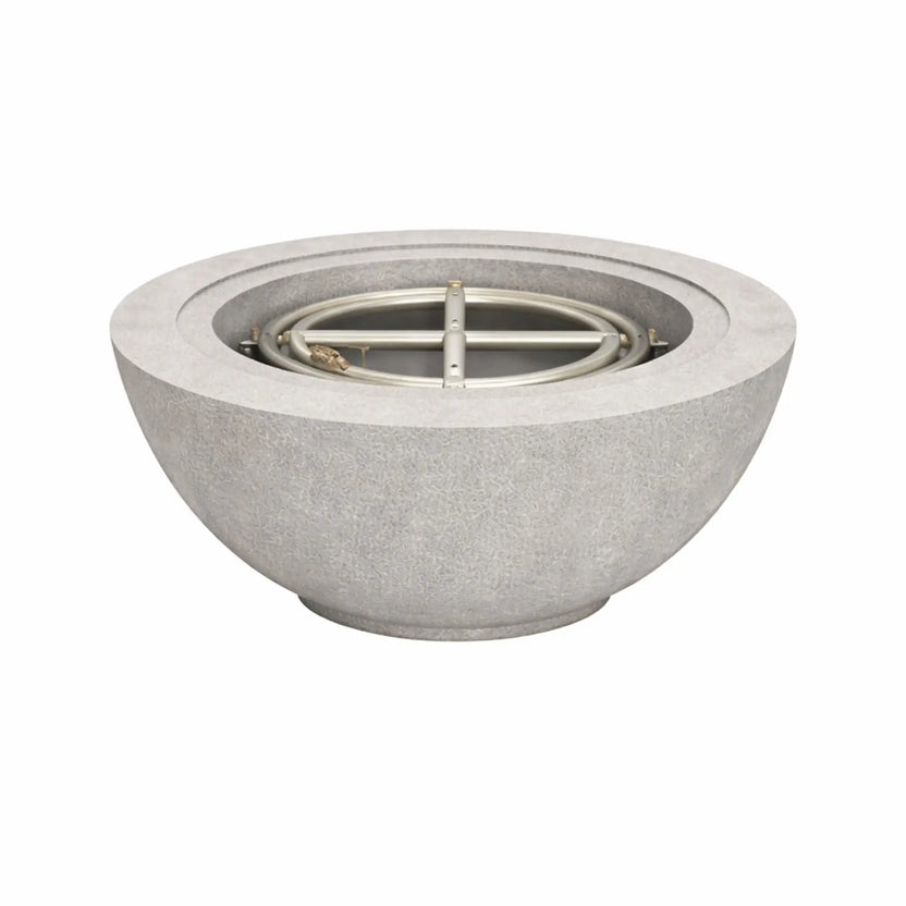 Flame-Havens-30-Round-Fire-Bowl-No-Flame-Gray.webp – Gray 30 inch round fire bowl with no flame, displaying the integrated burner system and smooth concrete basin from Flame Havens.