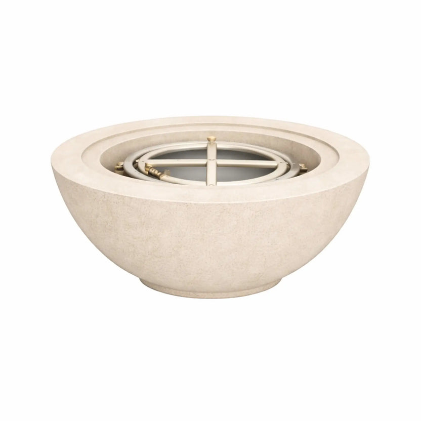 Flame-Havens-30-Round-Fire-Bowl-No-Flame-White.webp – White 30 inch round fire pit bowl without flame, highlighting the burner ring and refined concrete finish for outdoor fire features.