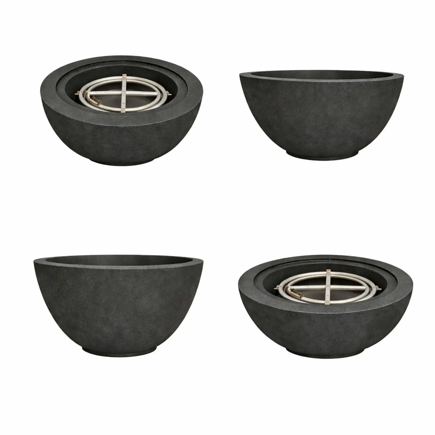 Flame-Havens-30-Round-Fire-Bowls-Flame-Black.webp – Multiple views of a black 30 inch round fire bowl with active flame, showing different angles of the Flame Havens outdoor fire pit design.