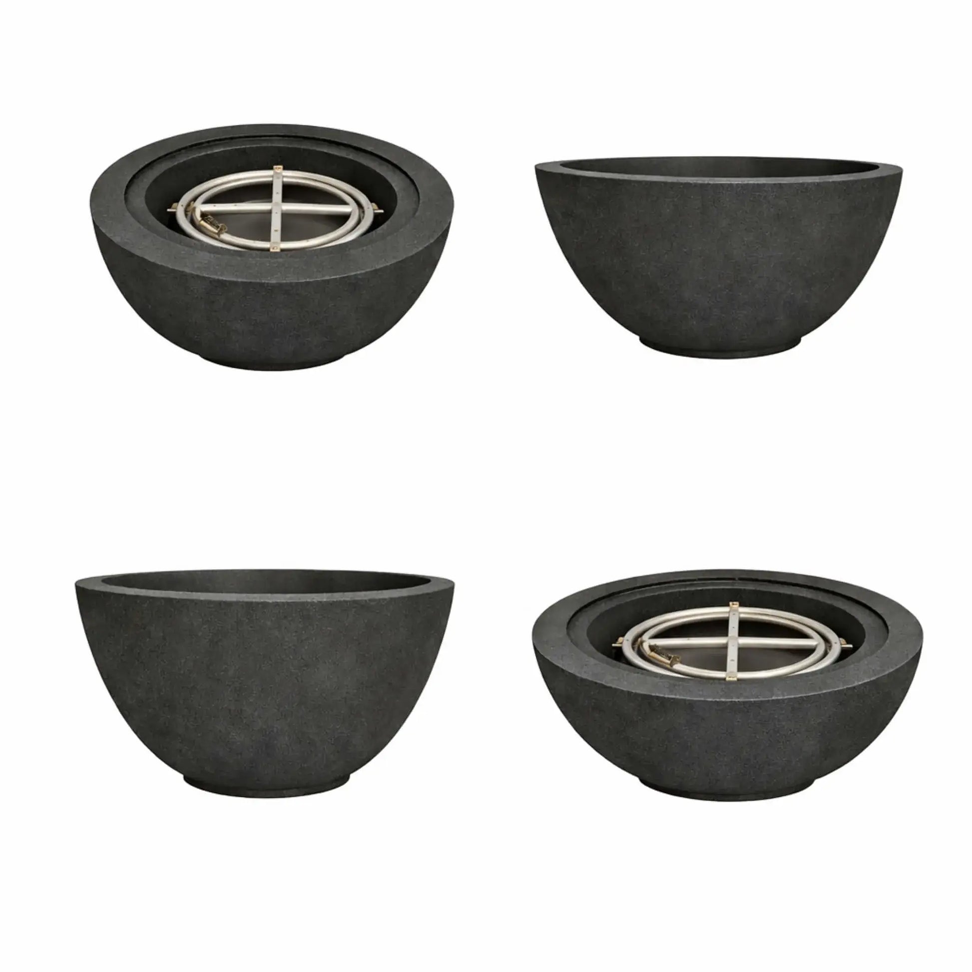 Flame-Havens-30-Round-Fire-Bowls-Flame-Black.webp – Multiple views of a black 30 inch round fire bowl with active flame, showing different angles of the Flame Havens outdoor fire pit design.