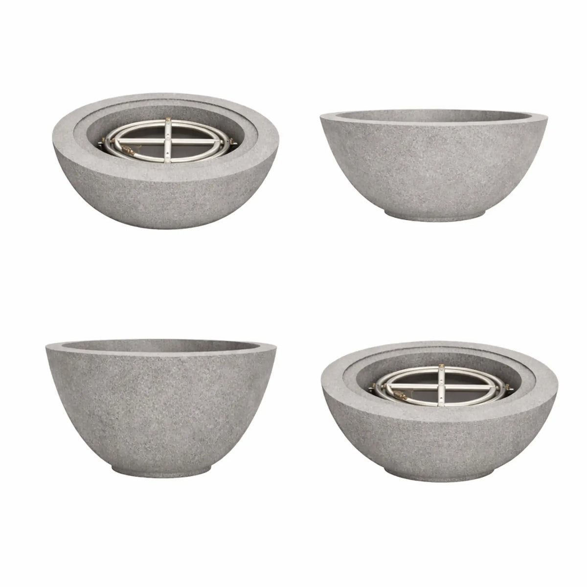 Flame-Havens-30-Round-Fire-Bowls-Flame-Gray.webp – Collection of angled views featuring a gray 30 inch round fire bowl with flame, emphasizing the modern concrete fire pit style by Flame Havens.