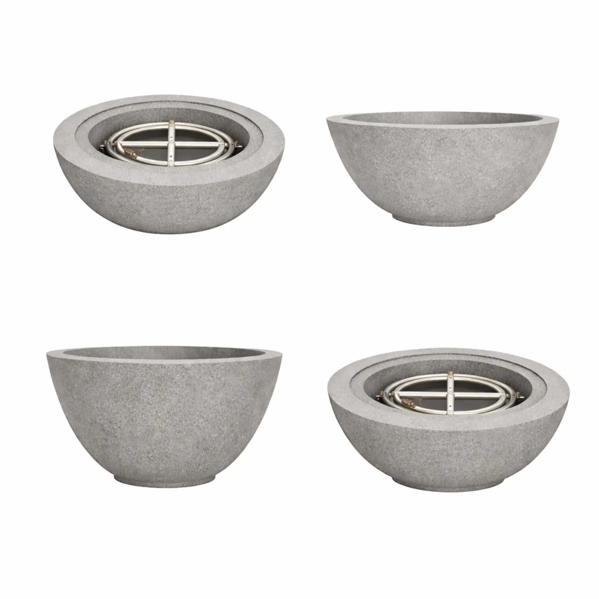 Flame-Havens-30-Round-Fire-Bowls-Flame-Gray.webp – Collection of angled views featuring a gray 30 inch round fire bowl with flame, emphasizing the modern concrete fire pit style by Flame Havens.