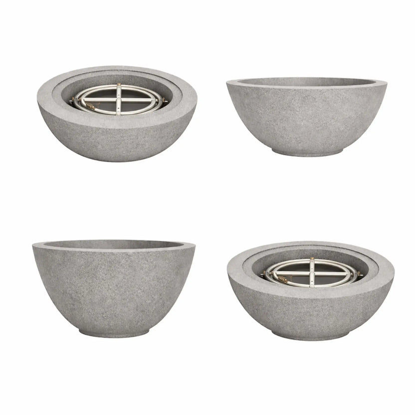 Flame-Havens-30-Round-Fire-Bowls-Flame-Gray.webp – Collection of angled views featuring a gray 30 inch round fire bowl with flame, emphasizing the modern concrete fire pit style by Flame Havens.