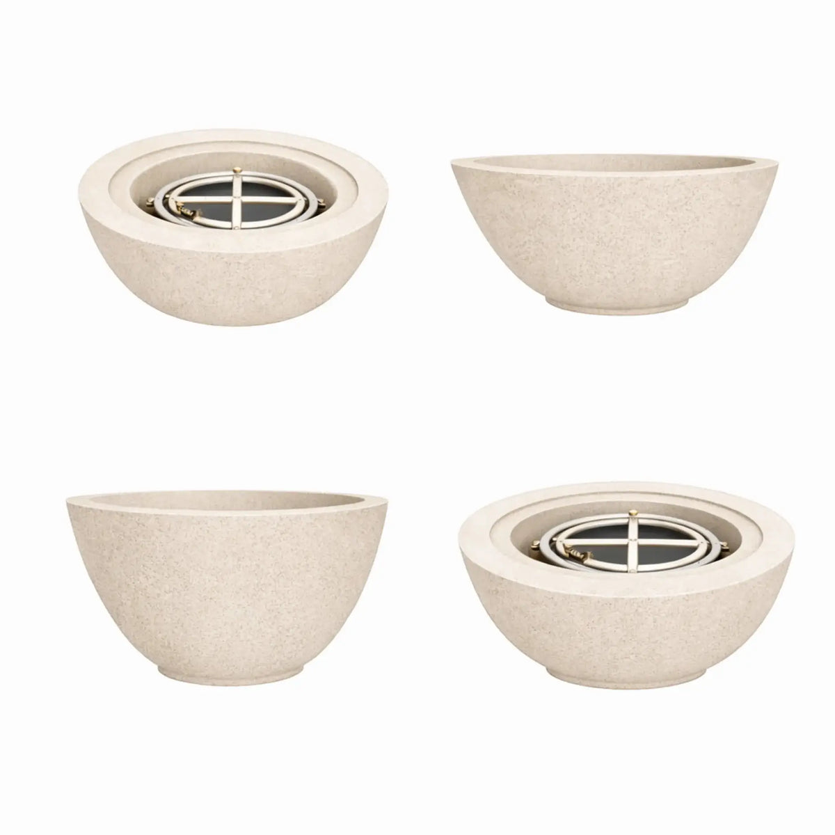 Flame-Havens-30-Round-Fire-Bowls-Flame-White.webp – Multiple product angles of a white 30 inch round fire bowl with a tall flame, showcasing the elegant outdoor fire pit design from Flame Havens.
