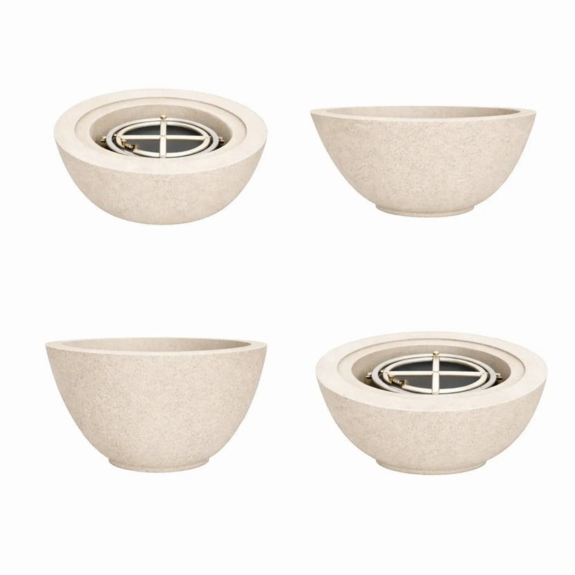 Flame-Havens-30-Round-Fire-Bowls-Flame-White.webp – Multiple product angles of a white 30 inch round fire bowl with a tall flame, showcasing the elegant outdoor fire pit design from Flame Havens.