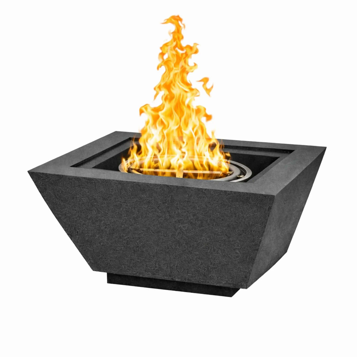 Flame Havens 30 inch square angular fire bowl in black GFRC concrete with a tall active flame, featuring sharp modern lines and a stainless steel burner for luxury outdoor fire features.