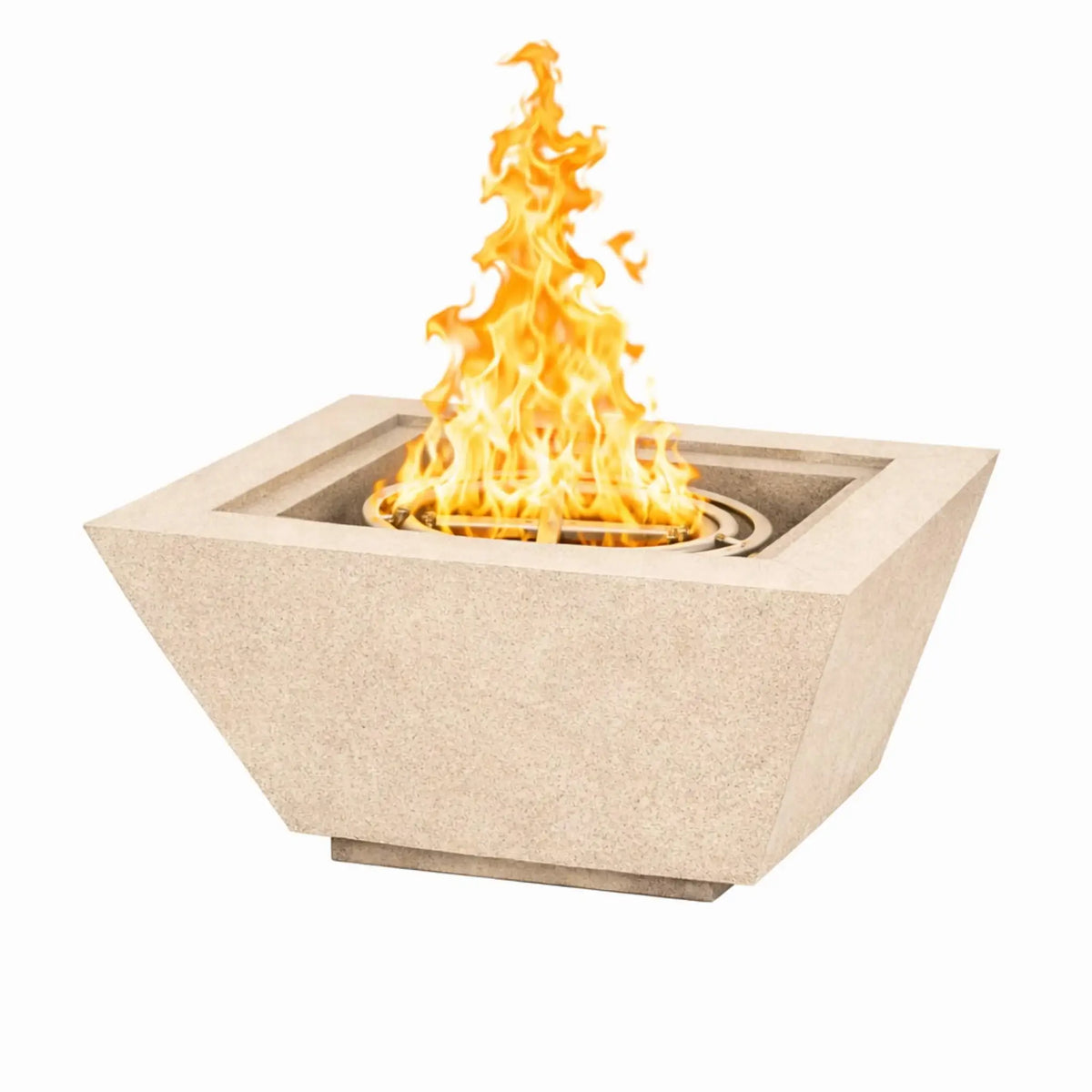 White 30 inch square angular fire bowl by Flame Havens with flame on, showcasing a clean architectural profile ideal for modern patios, poolsides, and custom landscapes.