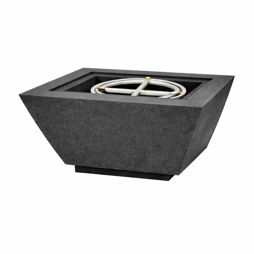 Black Flame Havens 30 inch square angular fire bowl shown without flame, revealing the stainless steel burner ring and deep recessed basin design.