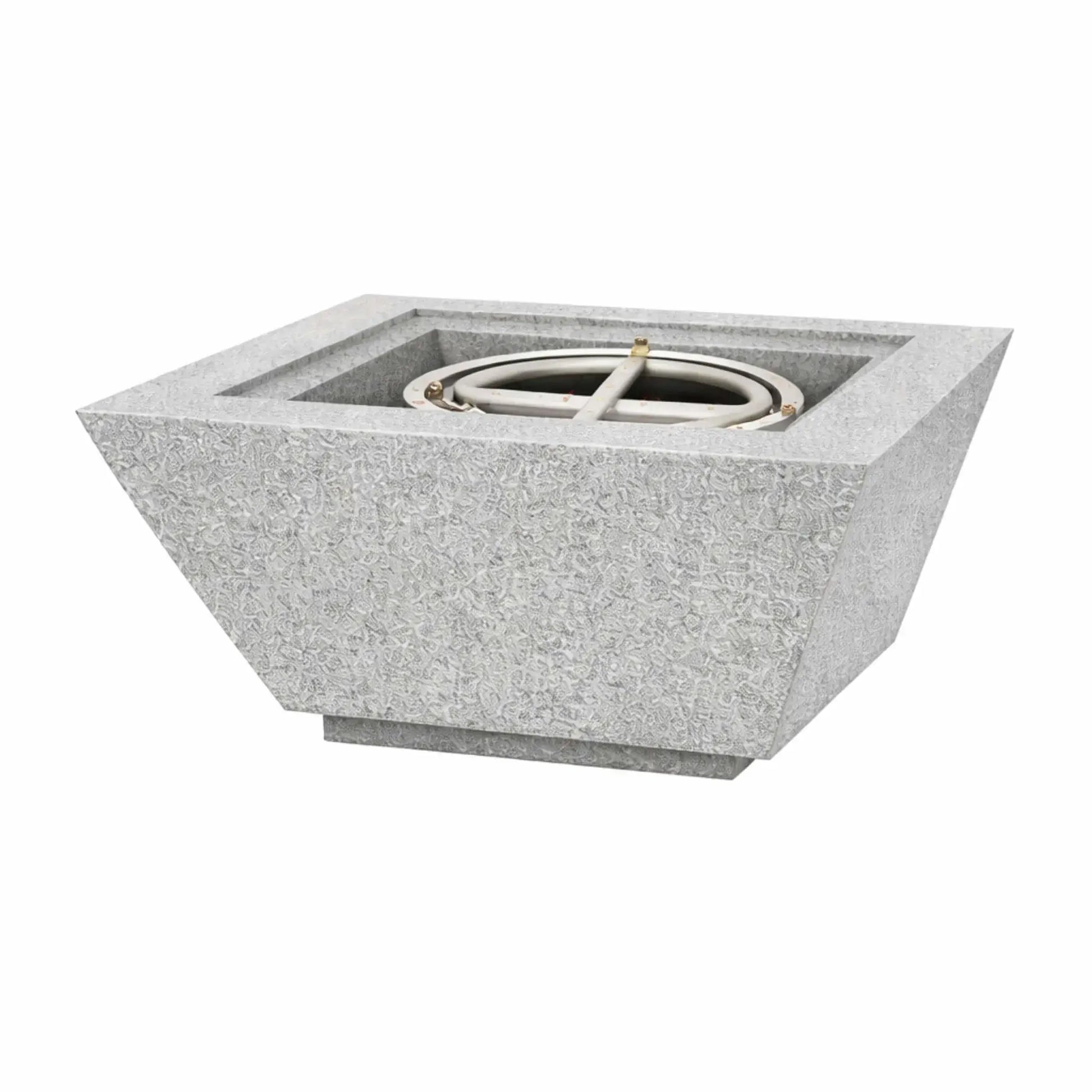 Gray 30 inch square angular fire bowl by Flame Havens without flame, highlighting the interior burner assembly and durable GFRC concrete construction.